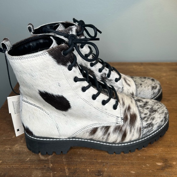 MYRA Black White Cowhide Fervence Boots Western Combat Lace-Up Hairon Leather 10 - Picture 2 of 11
